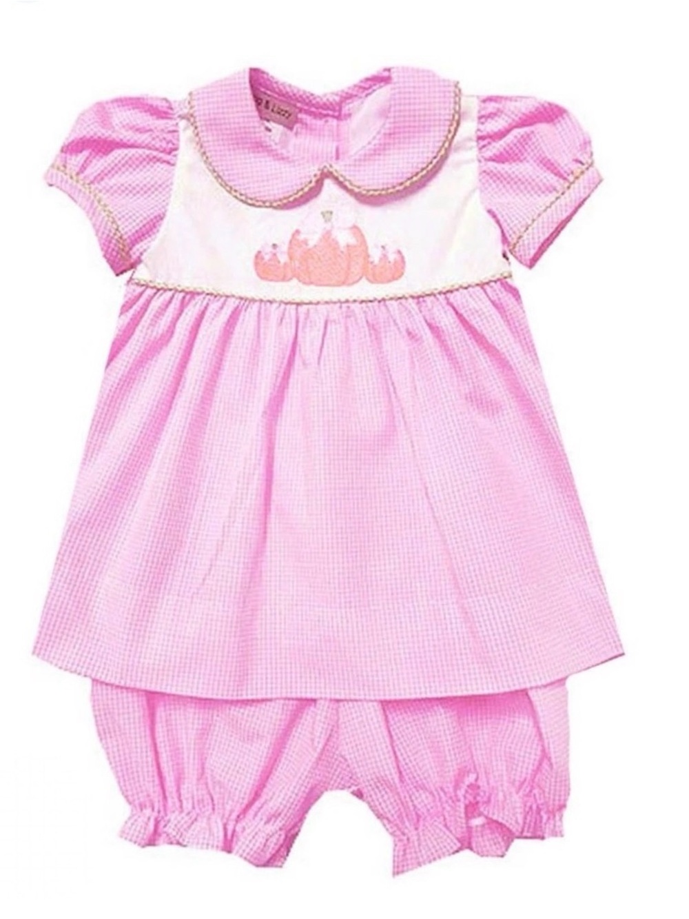 Marco & Lizzy Pink Gingham Top and Bloomers Set Embroidered Pumpkin Trio